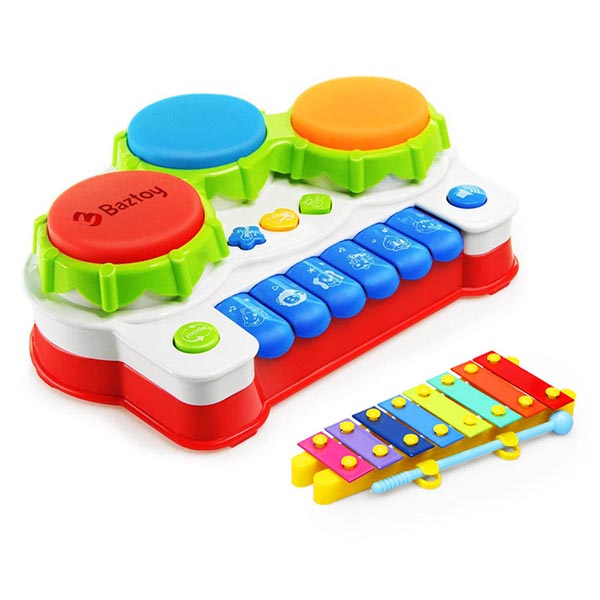 Baztoy Baby Toys Piano Music Keyboard Toddler Toys Xylophone Hand Drum Birthday Gift with Flash Lights for Kids Early Educational Learning(with Hand Knock Xylophone)